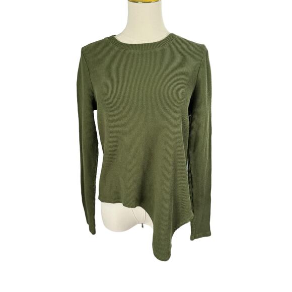 Madewell Green Asymmetrical Hem Top Ribbed Long Sleeve  Bohemian Versatile Small - Picture 3 of 15